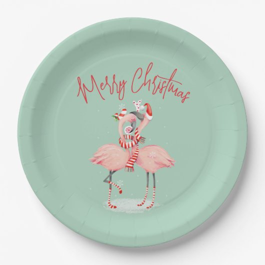 Tropische roze flamingo met kerstmutsen papieren bordje (Voorkant)
