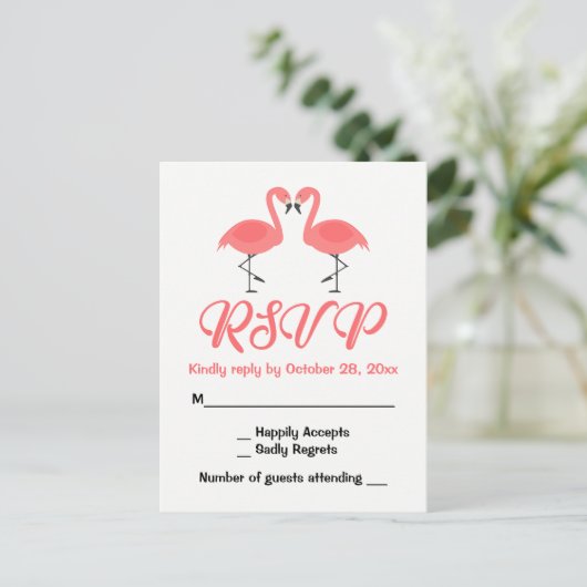 Tropische Roze Flamingo RSVP Bruiloft Luau Zomer Uitnodiging Briefkaart (Staand voorkant)