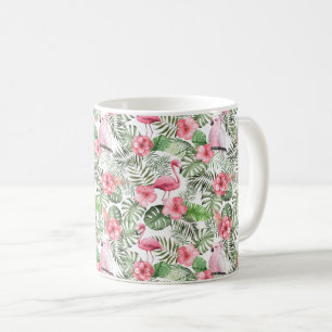 Tropische Roze Flamingo, Vogel, Hibiscus & Groene Koffiemok