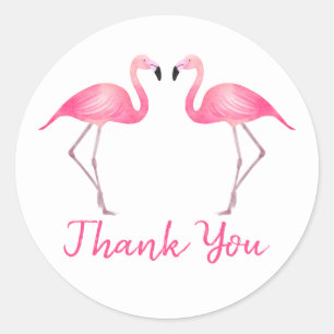 Tropische roze flamingo's dank u bruiloft strand ronde sticker