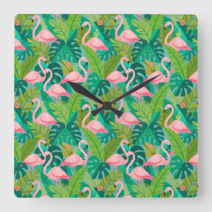 Tropische Roze Flamingo's Jungle Loof Vierkante Klok