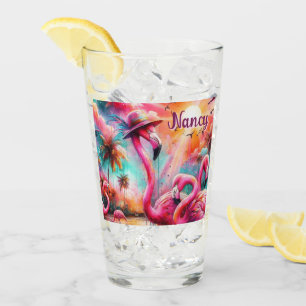 Tropische roze flamingo's palmbomen gepersonalisee glas