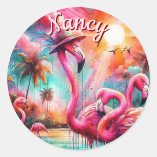 Tropische roze flamingo's palmbomen gepersonalisee ronde sticker