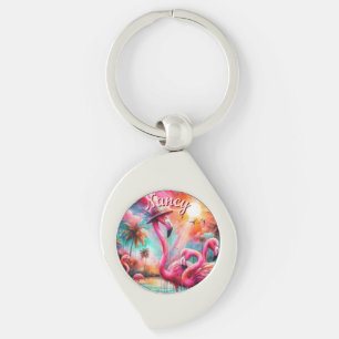 Tropische roze flamingo's palmbomen gepersonalisee sleutelhanger