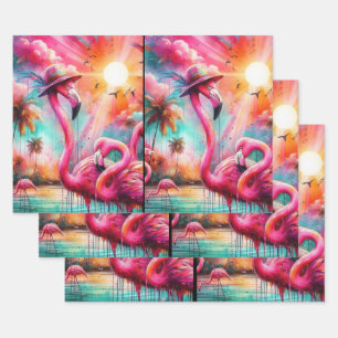 Tropische Roze Flamingo's Palmbomen Zon Decoupage Inpakpapier Vel