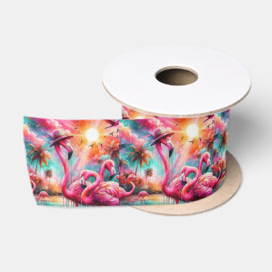 Tropische Roze Flamingo's Palmbomen Zon Flamingo Lint