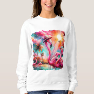 Tropische Roze Flamingo's Palmbomen Zon Water Blau Trui