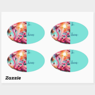 Tropische Roze Flamingo's Palmbomen Zonsondergang  Ovale Sticker