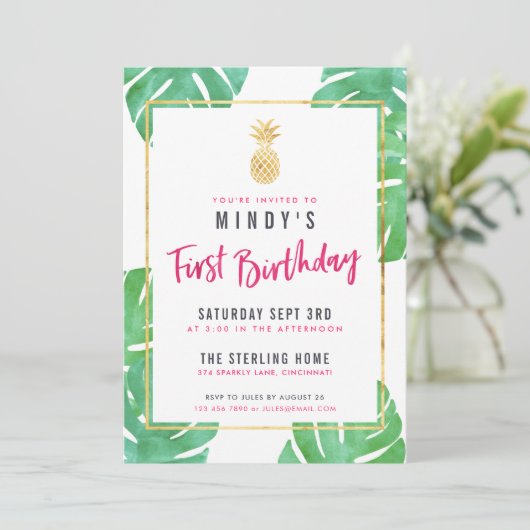 Tropische roze & gouden uitnodiging van de partij (Staand voorkant)