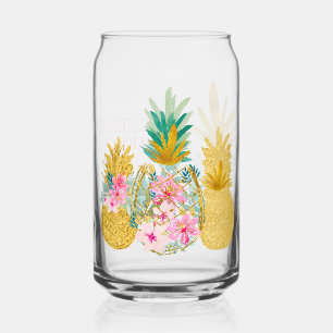 Tropische Roze Groene en Gouden Bloemen Ananas Blikvorm Glas