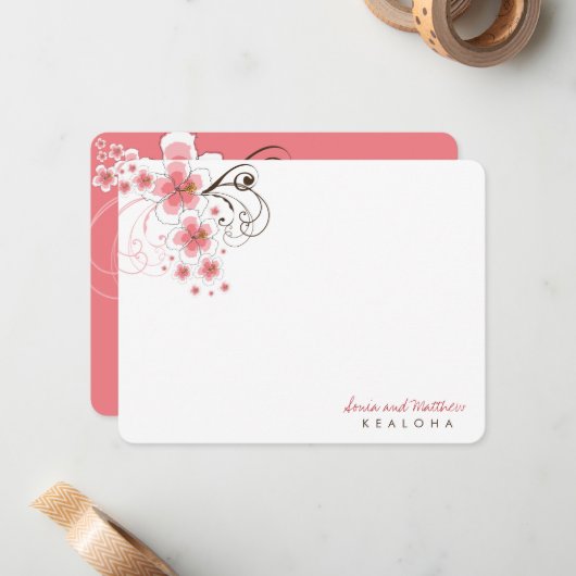 Tropische Roze Hibiscus Bruiloft Dank u Opmerking Notitiekaartje (Voorkant / Achterkant in situ)