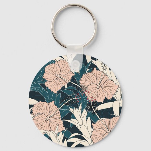 Tropische roze hibiscus, donkere achtergrond sleutelhanger (Voorkant)