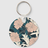 Tropische roze hibiscus, donkere achtergrond sleutelhanger (Achterkant)