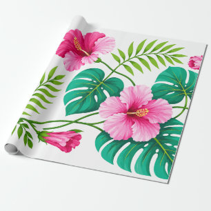 Tropische Roze Hibiscus en Monstera Bladeren Cadeaupapier