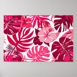 Tropische roze Hibiscus en Monstera bladeren patro Poster