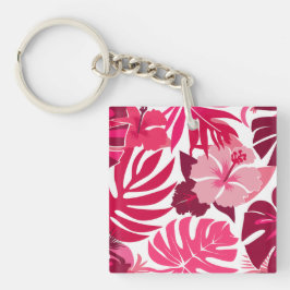 Tropische roze Hibiscus en Monstera bladeren patro Sleutelhanger