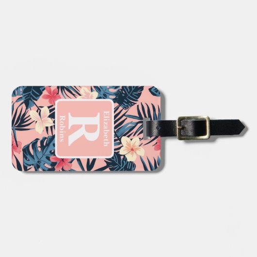 Tropische roze hibiscus gepersonaliseerd monogram bagagelabel (Voorkant horizontaal)