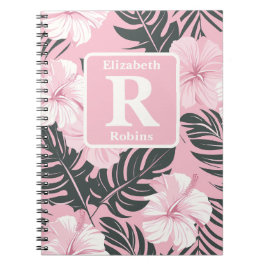 Tropische roze hibiscus gepersonaliseerd monogram notitieboek