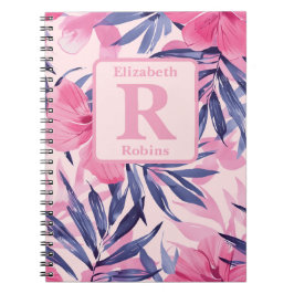 Tropische roze hibiscus gepersonaliseerd monogram notitieboek