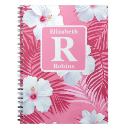 Tropische roze hibiscus gepersonaliseerd monogram notitieboek