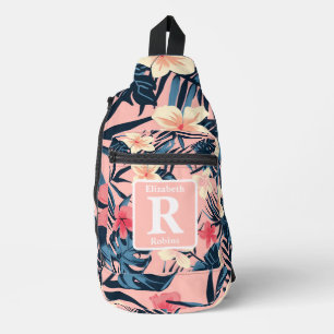 Tropische roze hibiscus gepersonaliseerd monogram sling bag