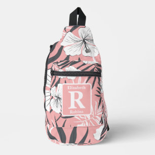 Tropische roze hibiscus gepersonaliseerd monogram sling bag