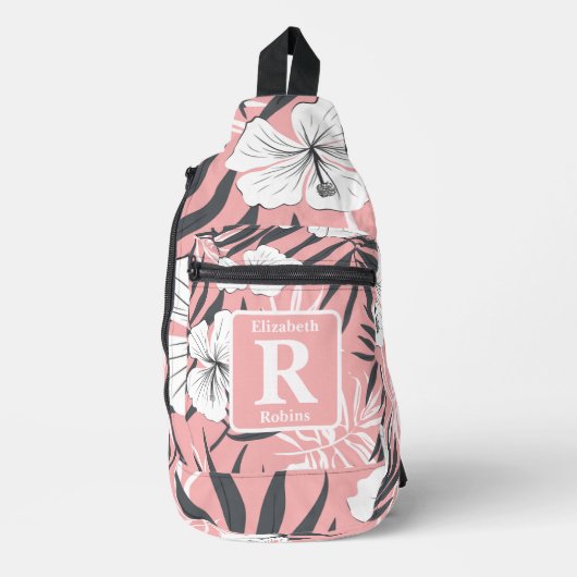Tropische roze hibiscus gepersonaliseerd monogram sling bag (Voorkant)
