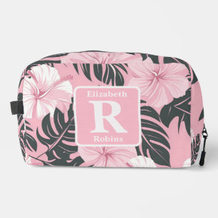 Tropische roze hibiscus gepersonaliseerd monogram toilettasje