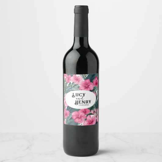 Tropische Roze Vakantie Bloemen Print Huwelijk Wijn Etiket (Voorkant)
