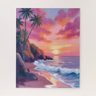 Tropische Roze Zonsondergang Oceaan Aquarel Legpuzzel