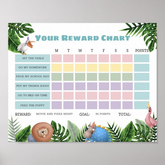 Tropische Safari Animals Reward Chore Chart Poster (Voorkant)