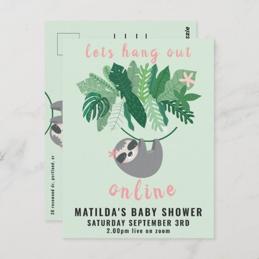 Tropische schattige luiaard hang uit online baby s briefkaart (Voorkant / Achterkant)