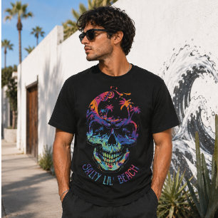 Tropische Schedel Waterverf Palmboom Strand Sfeer T-shirt