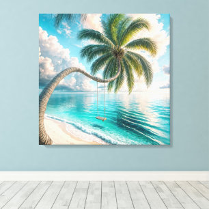 Tropische schommel hangend aan palmboom canvas afdruk