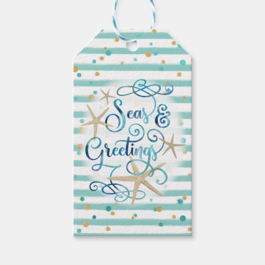 Tropische SEAson's Greetings, Blauwgroen/bruine St Cadeaulabel (Voorkant)