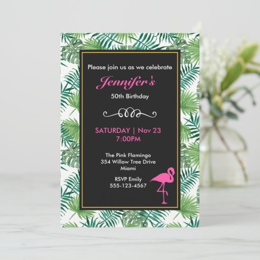 Tropische springplank en roze flamingo Birthday Kaart (Staand voorkant)