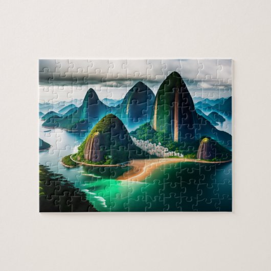 Tropische stad skyline met strand en bergen legpuzzel (Horizontaal)