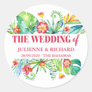 Tropische strand bestemmingshuwelijk welkom ronde sticker