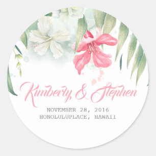 Tropische strand bloemen bruiloft ronde sticker