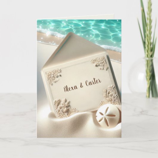 Tropische strand bruiloft uitnodiging in zand (Voorkant)