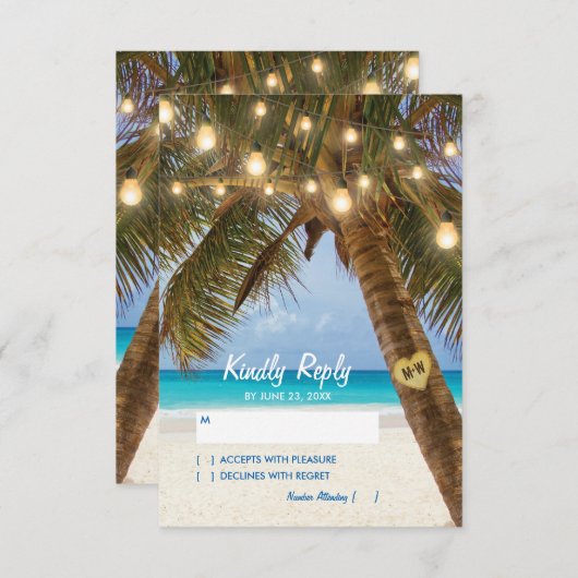 Tropische Strand en String Lights Bruiloft RSVP (Voorkant / Achterkant)