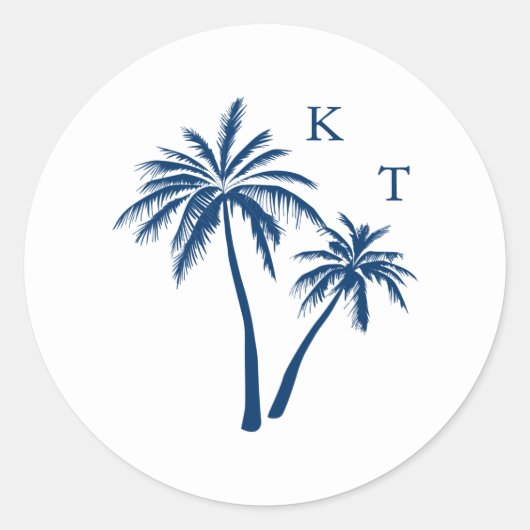 Tropische Strand Palm Tree Bruiloft Monogram Ronde Sticker (Voorkant)