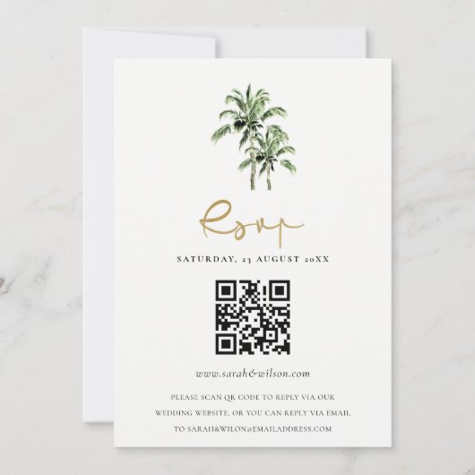 Tropische Strand Palm Trees Wedding QR Code RSVP Kaart (Achterkant)