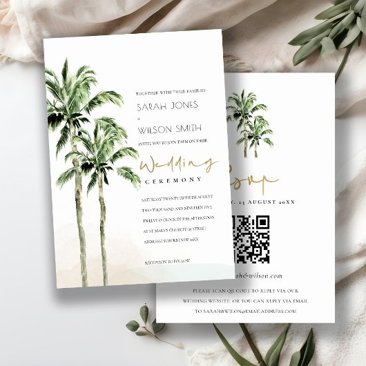 Tropische Strand Palm Trees Wedding QR Code RSVP Kaart