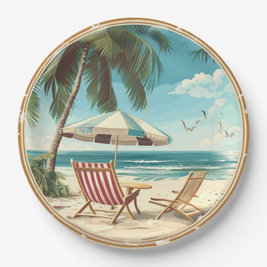 Tropische strand paraplu en stoelen zomer papieren bordje (Voorkant)