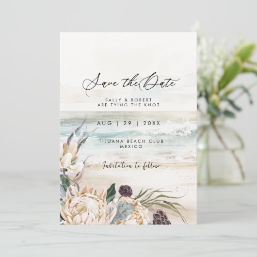 Tropische strand protea bloemenbewaar de datumkaar bedankkaart (Staand voorkant)