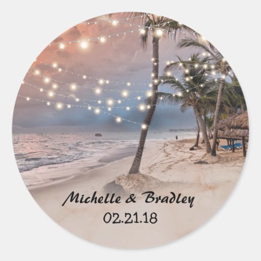 Tropische  strand String Lights Bruiloft Ronde Sticker (Voorkant)