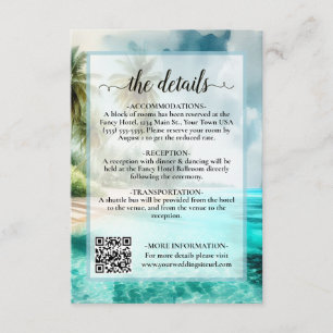 Tropische strand watercolor bruiloft details QR-co Informatiekaartje