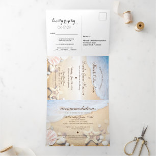 Tropische strand zeesterren zomer bruiloft drievou drieluik uitnodiging