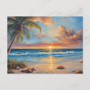 Tropische strand zonsondergang met palmbomen briefkaart